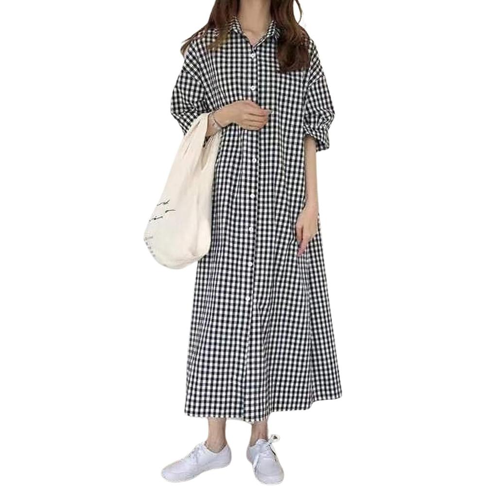 imagechouyatou Womens Summer Casual Short Sleeve Cotton Gingham Dress Plaid Midi Long Shirt DressPlaid Black