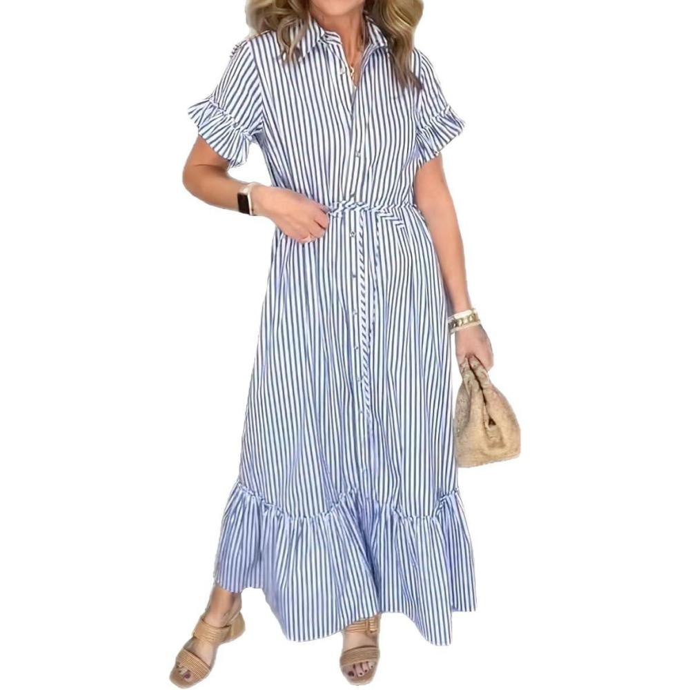 imagechouyatou Womens Summer Loose Stripe Maxi Shirt Dress Short Sleeve Drawstring Long Button Down Dress SundressBlue