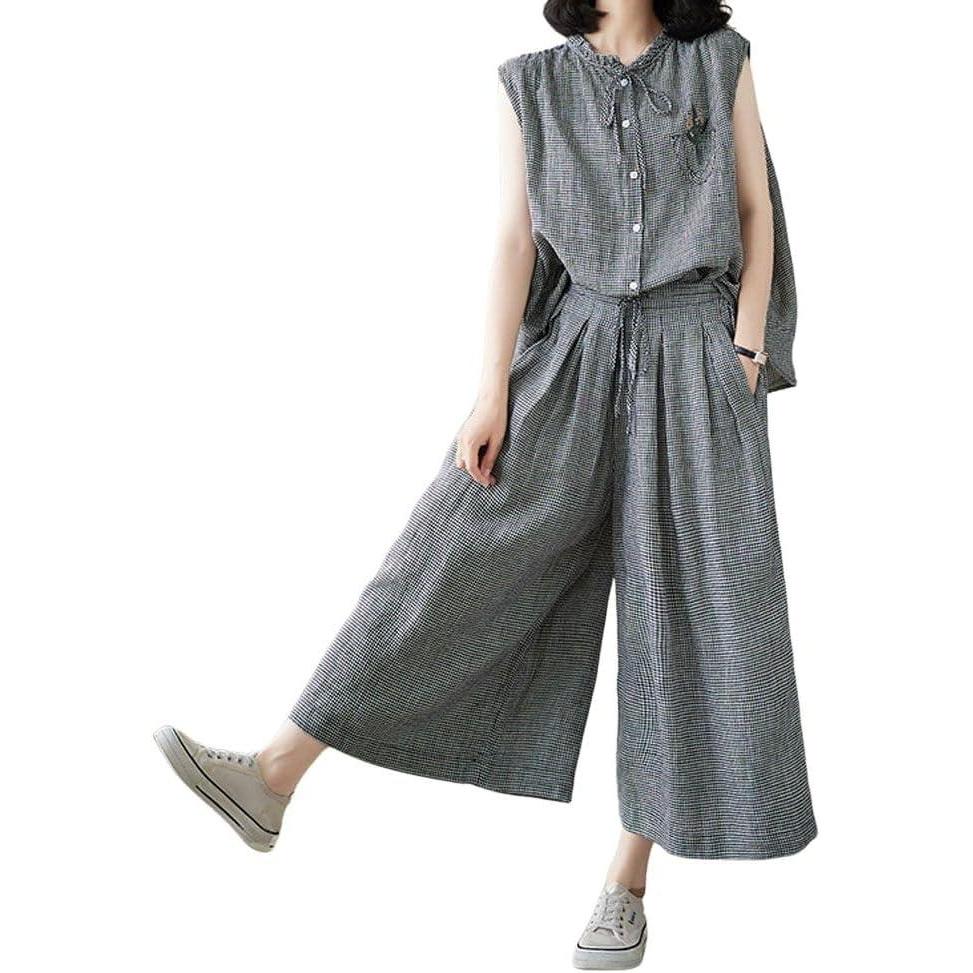 imagechouyatou Womens Summer Plaid 2 Piece Outfits Button Down Tank Top Wide Leg Capri Culotte Pants Matching SetBlack