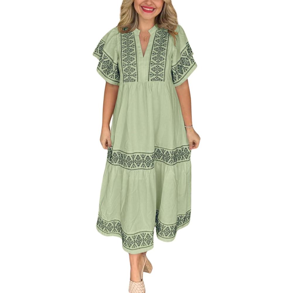 imagechouyatou Womens Summer Printed Floral Dress Casual Notch Neck Cotton Midi Long Mexican Tunic DressGreen