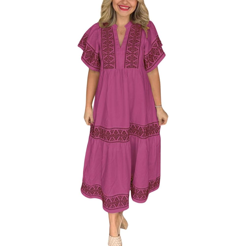 imagechouyatou Womens Summer Printed Floral Dress Casual Notch Neck Cotton Midi Long Mexican Tunic DressWine Red