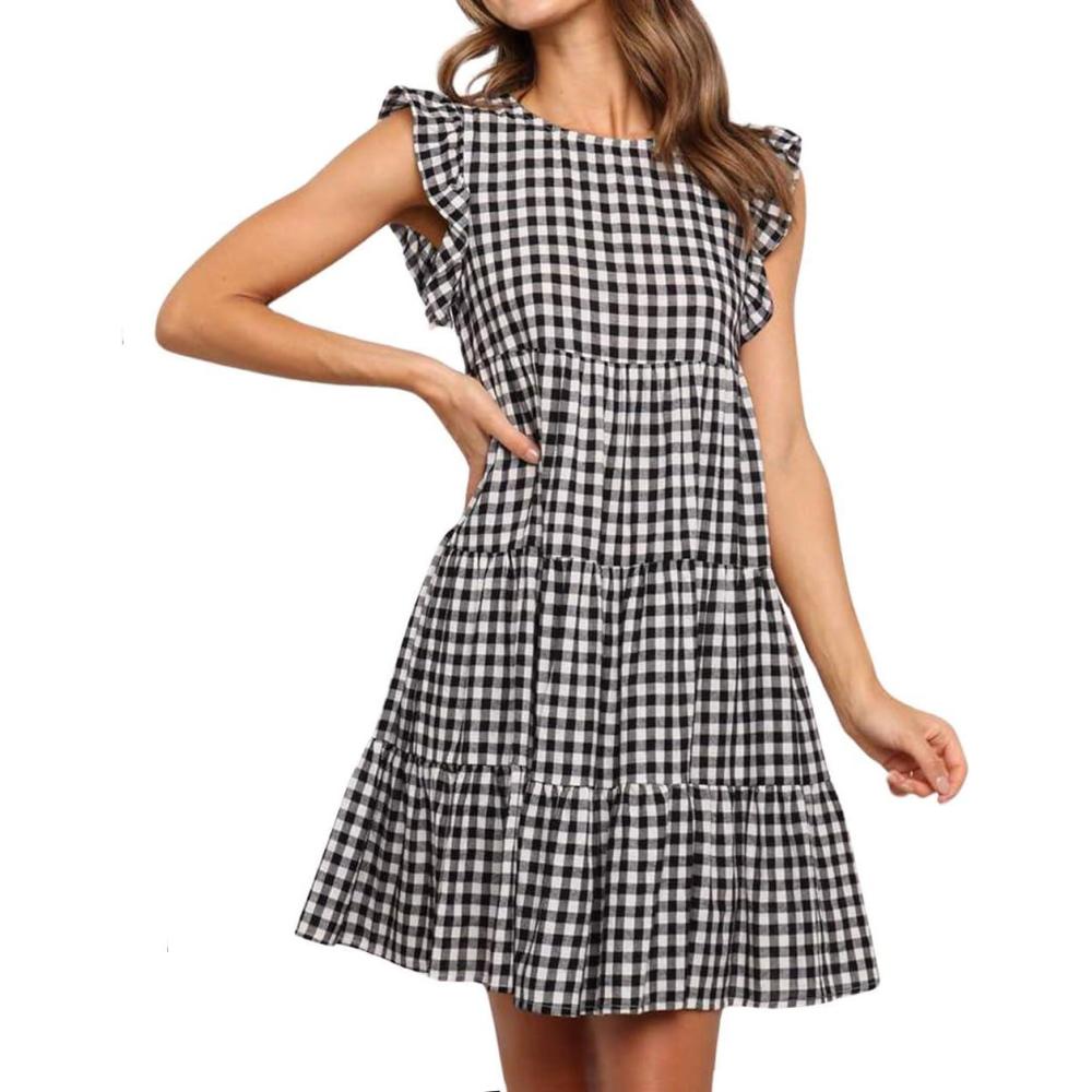 imagechouyatou Womens Summer Ruffle Puff Sleeve Babydoll Dress Cute Gingham Plaid Printed Tiered Midi DressBlack