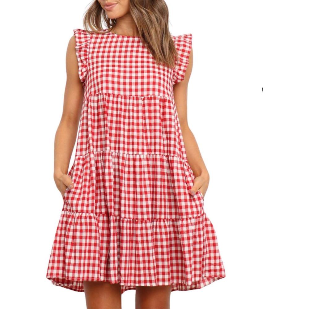 imagechouyatou Womens Summer Ruffle Puff Sleeve Babydoll Dress Cute Gingham Plaid Printed Tiered Midi DressRed