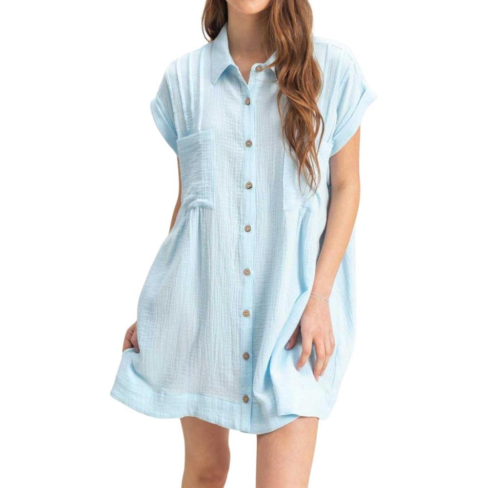 imagechouyatou Womens Summer Short Sleeve Cotton Dress Lapel Loose Fit Button Down Flowy Mini Short DressBlue