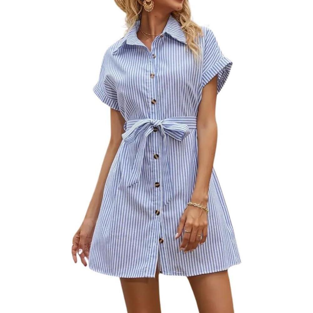 imagechouyatou Womens Summer Stripe Midi Long Shirt Dress Short Sleeve Button Down Tunic Dress with BeltBlue