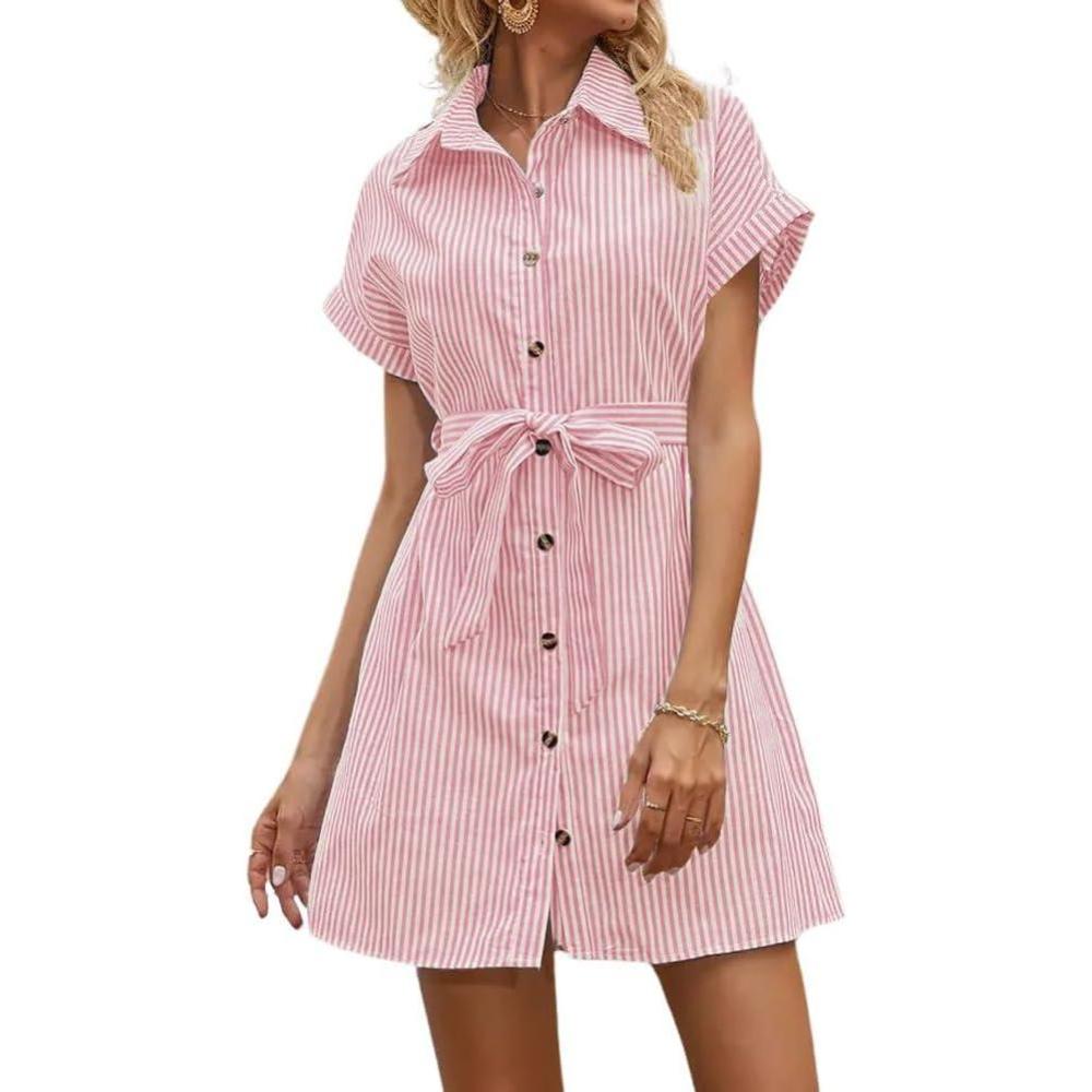 imagechouyatou Womens Summer Stripe Midi Long Shirt Dress Short Sleeve Button Down Tunic Dress with BeltRed