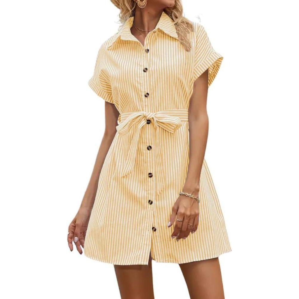 imagechouyatou Womens Summer Stripe Midi Long Shirt Dress Short Sleeve Button Down Tunic Dress with BeltYellow