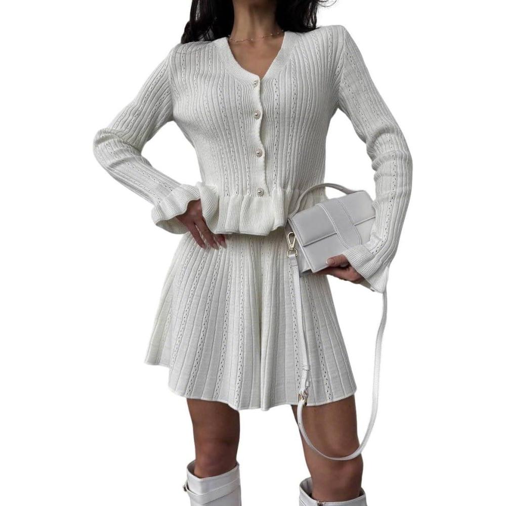 imagechouyatou Womens Sweater Knit Skirt 2 Piece Outfits Button Down Ruffle Cardigan and Pleated Mini Skirt Matching SetBeige White
