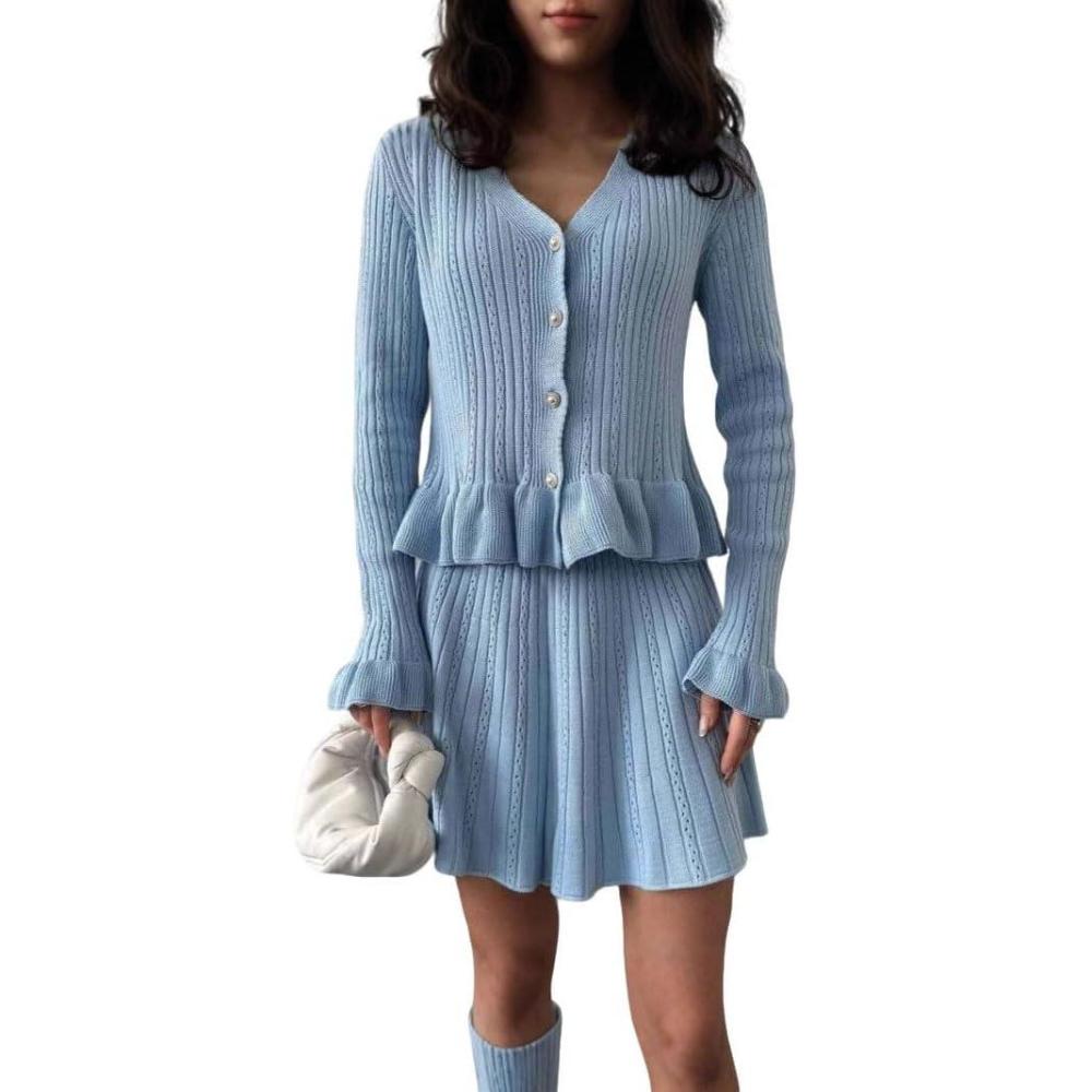 imagechouyatou Womens Sweater Knit Skirt 2 Piece Outfits Button Down Ruffle Cardigan and Pleated Mini Skirt Matching SetBlue