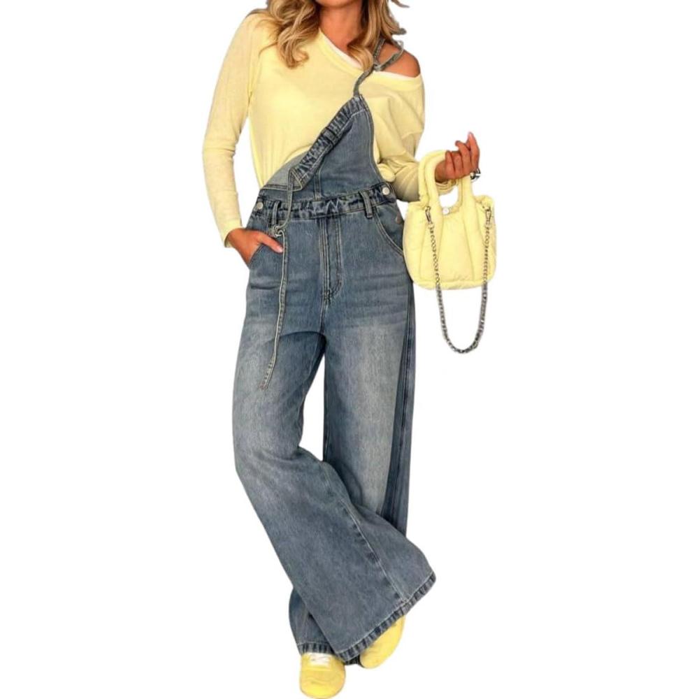 imagechouyatou Womens Tie Knot Strap Bib Denim Overall Casual Loose Wide Leg Barrel Jeans Pocketed JumpsuitsDenim Blue