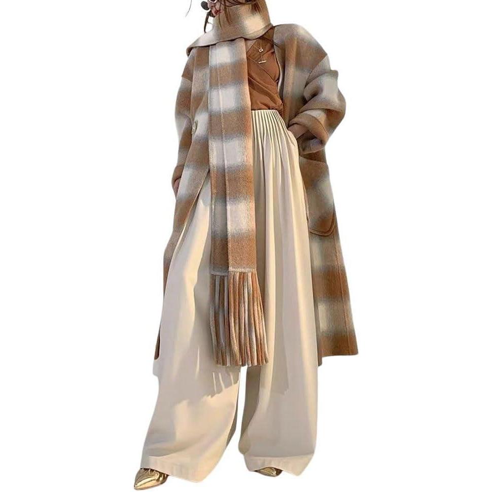 imagechouyatou Womens Vintage Plaid Wool Coat with Scarf Wool Blend Long Trench Pea Coat Outerwear OvercoatKhaki