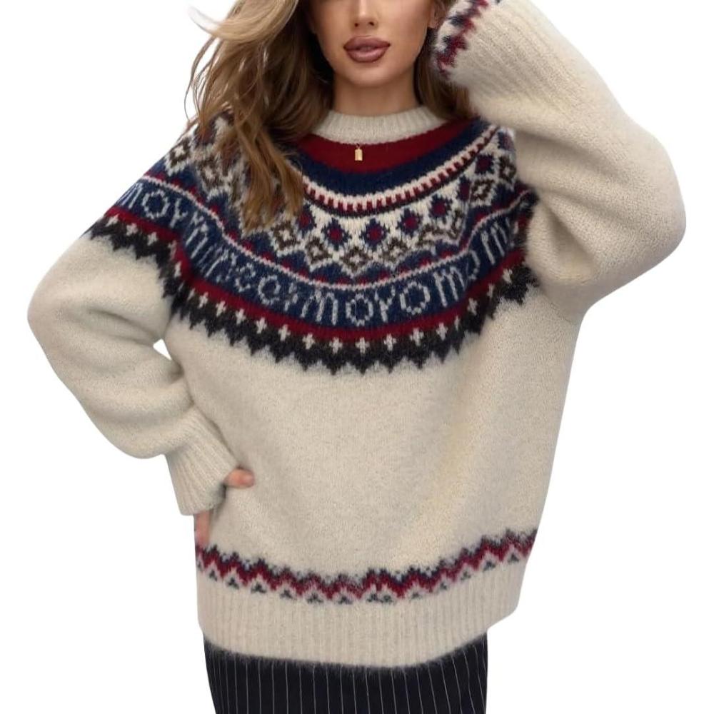 imagechouyatou Womens Warm Tribal Aztec Floral Sweater Top Crewneck Loose Fit Fair Isle Boho Knit SweatersBeige