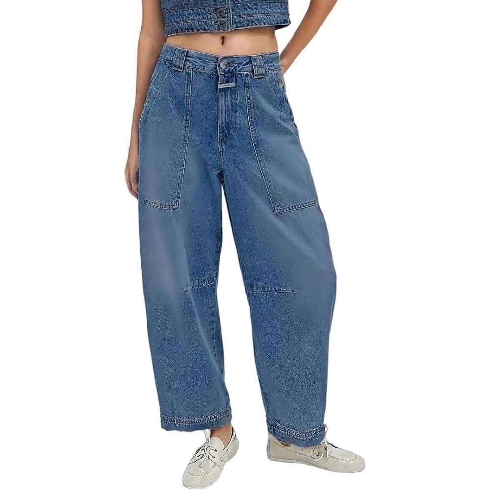 imagechouyatou Womens Wide Leg Barrel Jeans Button Fly High Waist Relax Fit Baggy Washed Denim Pants with PocketsDark Blue