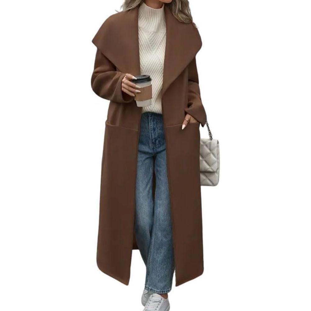 imagechouyatou Womens Winter Elegant Shawl Collar Wool Coat Open Front Business Casual Long Pea Coat OvercoatCoffee