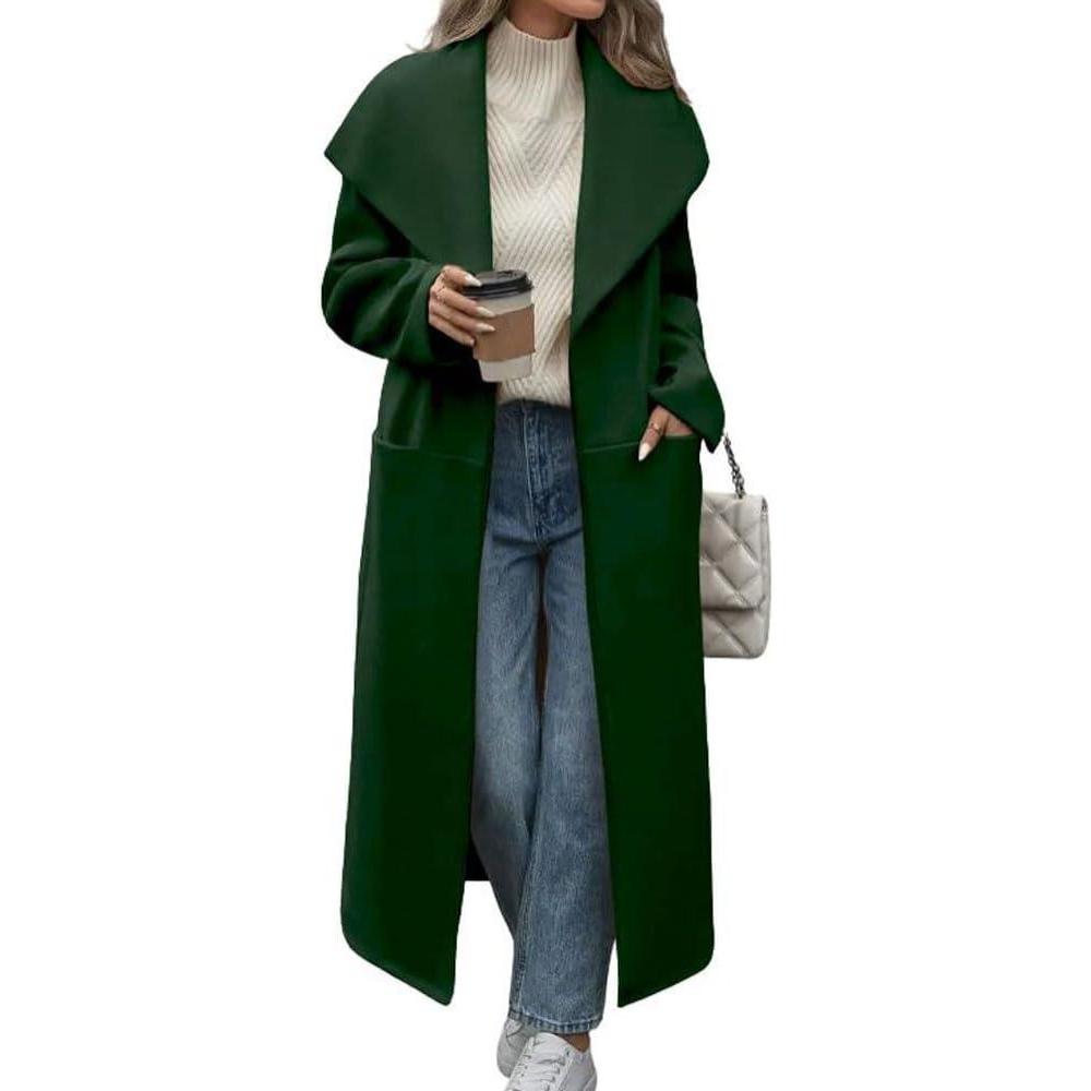 imagechouyatou Womens Winter Elegant Shawl Collar Wool Coat Open Front Business Casual Long Pea Coat OvercoatGreen