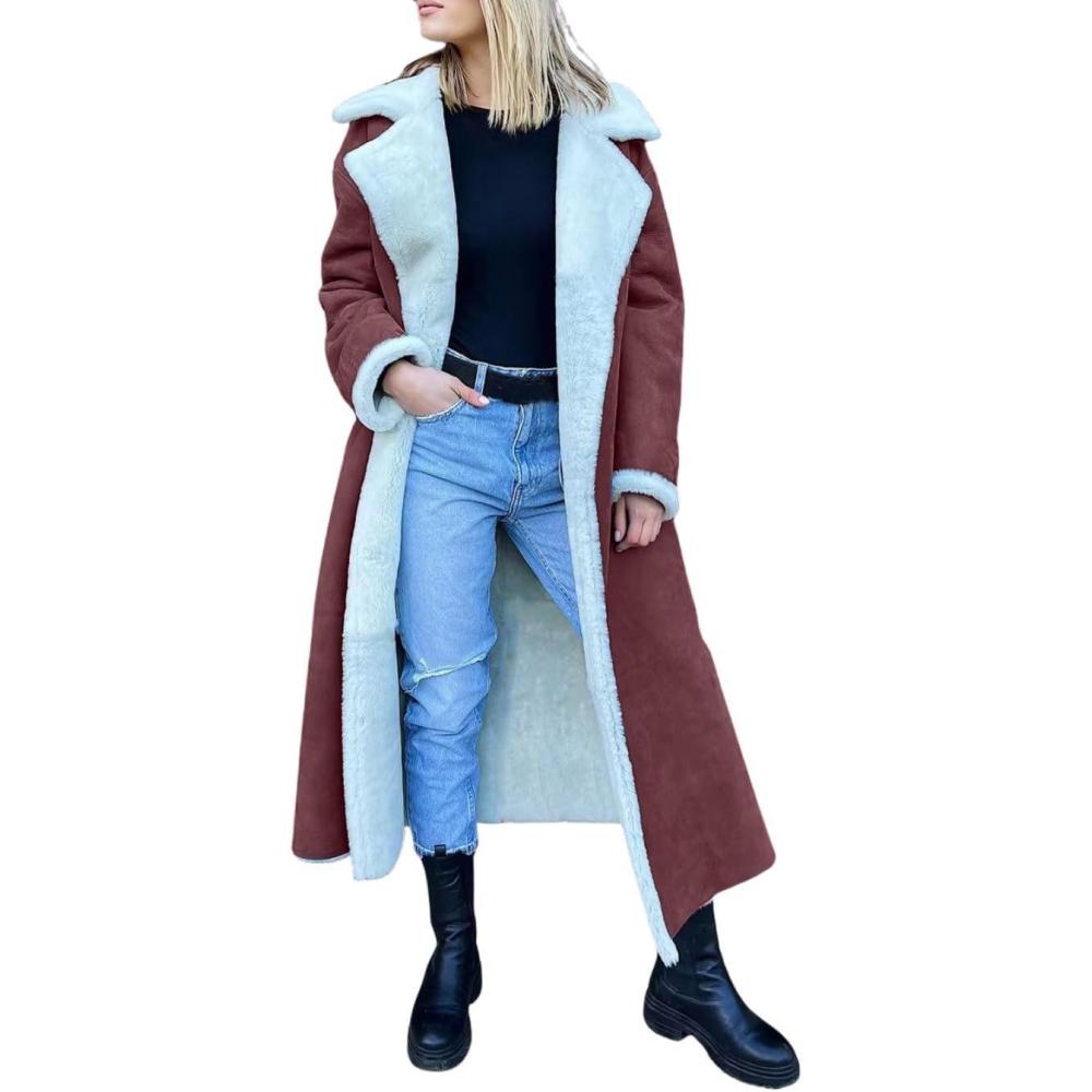 imagechouyatou Womens Winter Faux Suede Leather Long Trench Coat Notch Lapel Sherpa Lined Fleece OvercoatDark Red