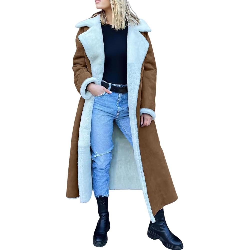 imagechouyatou Womens Winter Faux Suede Leather Long Trench Coat Notch Lapel Sherpa Lined Fleece OvercoatLight Brown