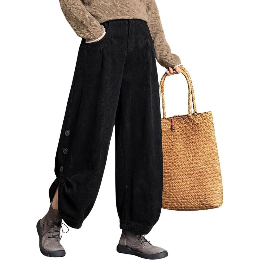 imagechouyatou Womens Winter Loose Baggy Sherpa Lined Corduroy Pants Elastic High Waisted Wide Leg TrouserBlack