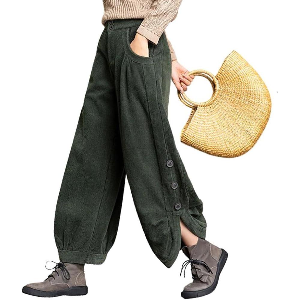 imagechouyatou Womens Winter Loose Baggy Sherpa Lined Corduroy Pants Elastic High Waisted Wide Leg TrouserGreen