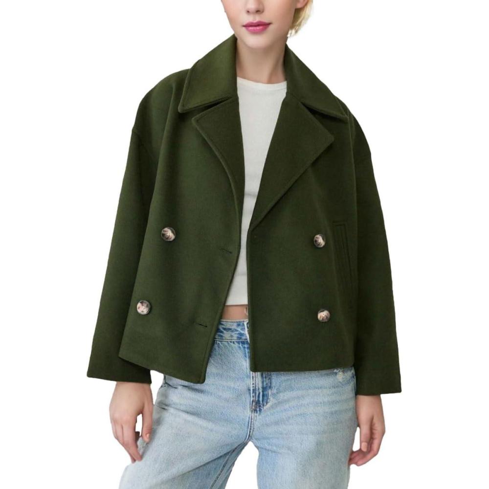 imagechouyatou Womens Winter Notch Lapel Cropped Wool Coat Double Breasted Casual Short Trench CoatArmy Green