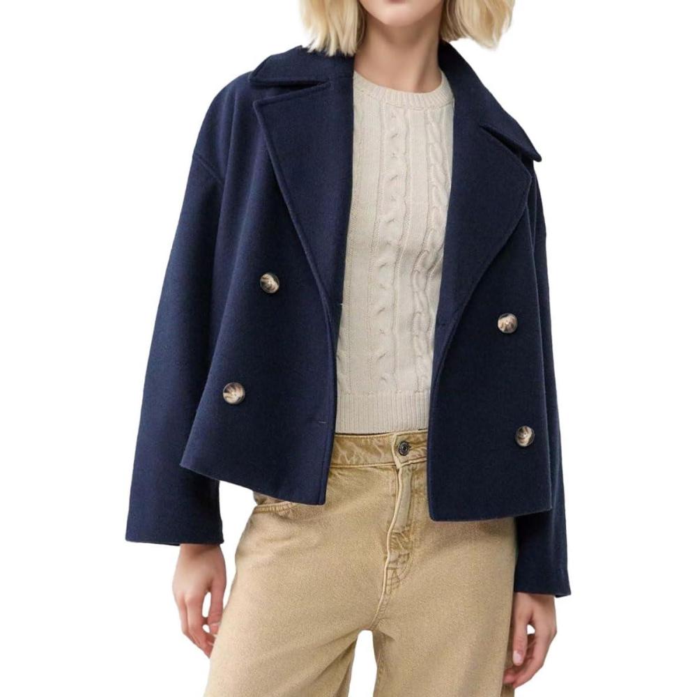 imagechouyatou Womens Winter Notch Lapel Cropped Wool Coat Double Breasted Casual Short Trench CoatNavy Blue