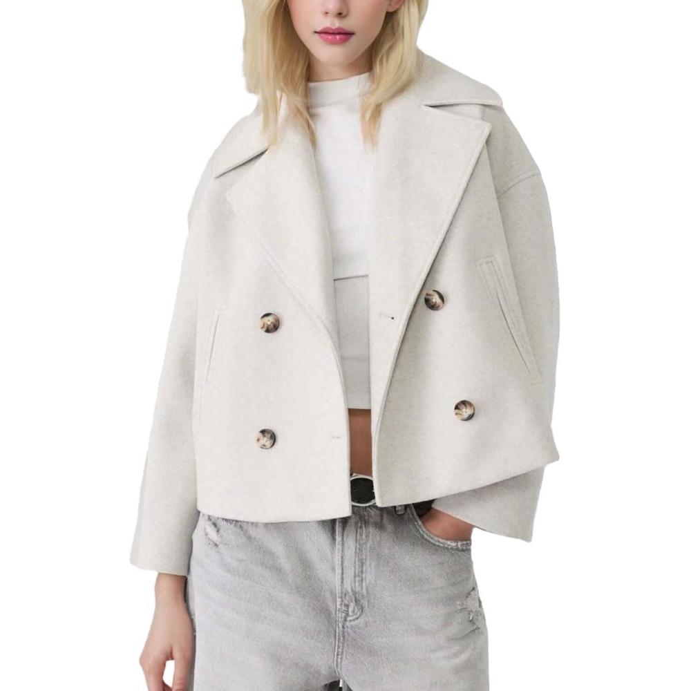imagechouyatou Womens Winter Notch Lapel Cropped Wool Coat Double Breasted Casual Short Trench CoatWhite