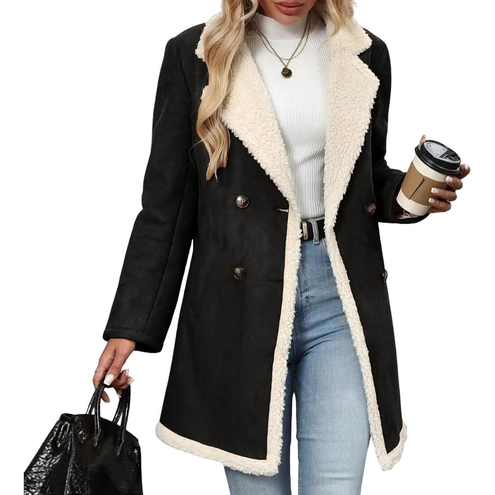 imagechouyatou Womens Winter Notch Lapel Double Breasted Peacoat Sherpa Fleece Lined Faux Suede Jacket CoatBlack