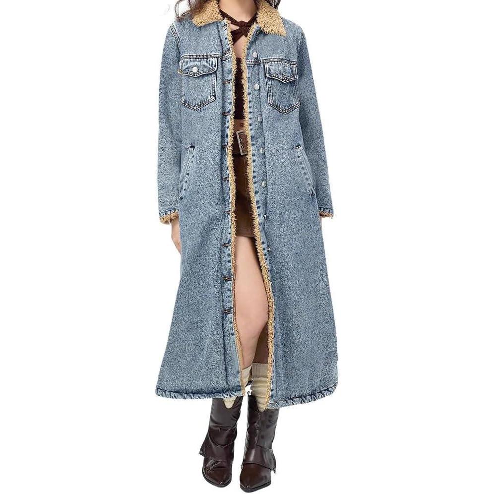 imagechouyatou Womens Winter Sherpa Lined Midi Long Denim Jacket Casual Distressed Button Down Jean Trench CoatBlue