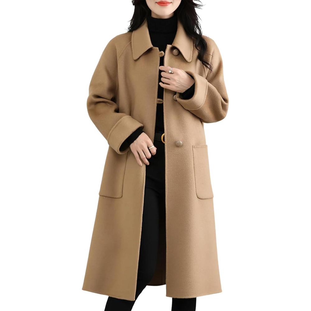 imagechouyatou Womens Winter Single Breasted Wool Trench Coat Business Casual Lapel Collar Midi Long OvercoatCamel