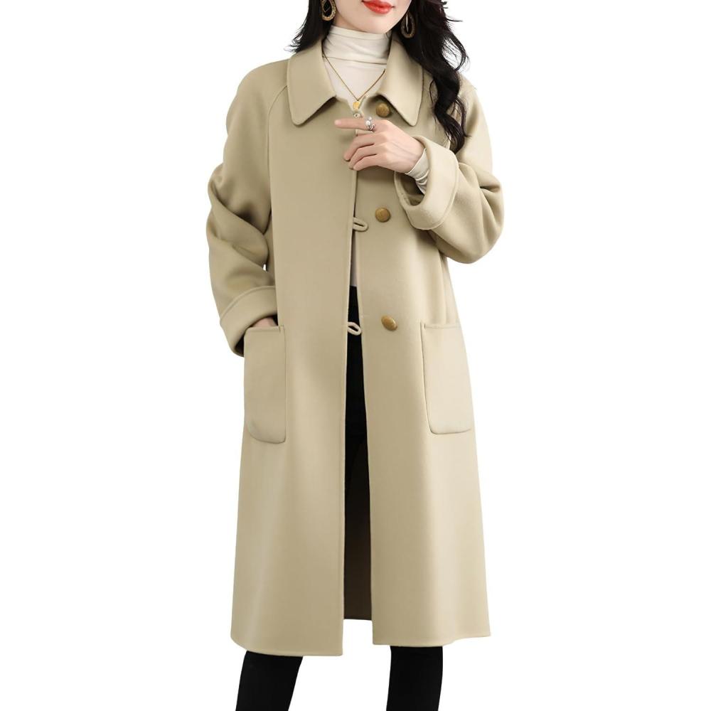 imagechouyatou Womens Winter Single Breasted Wool Trench Coat Business Casual Lapel Collar Midi Long OvercoatLight Green