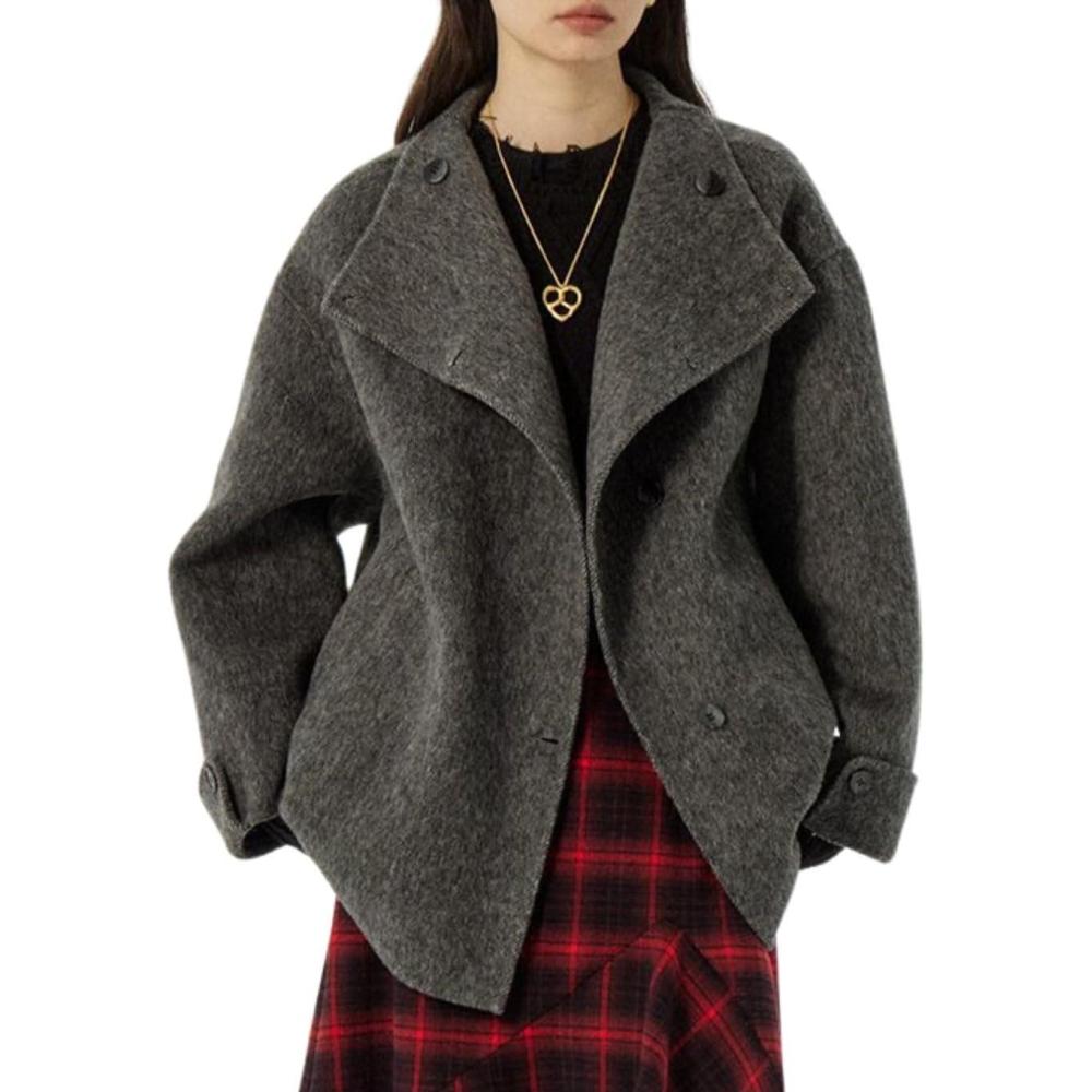 imagechouyatou Womens Winter Stand Collar Wool Trench Coat Single Breasted Blazer Jacket Coat Loose OuterwearGrey