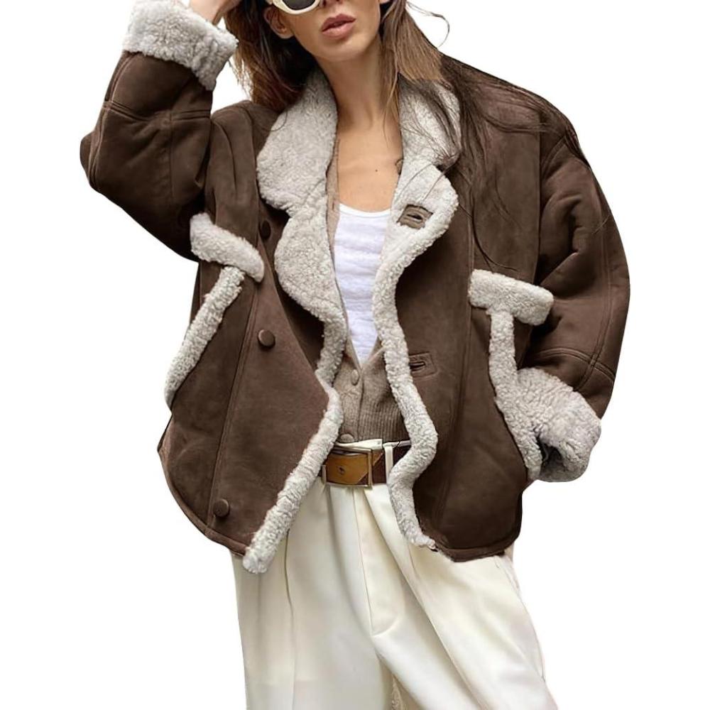 imagechouyatou Womens Winter Thicken Faux Suede Leather Jacket Coat Notch Lapel Sherpa Lined Fleece OuterwearCoffee