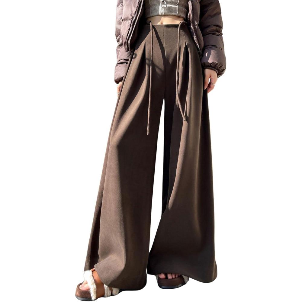 imagechouyatou Womens Winter Wool Wide Leg Palazzo Pants High Waisted Wool Blend Baggy Trousers CulottesCoffee