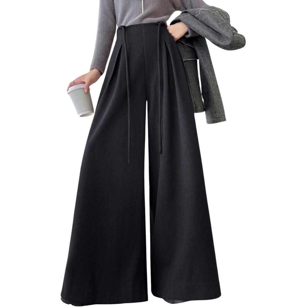 imagechouyatou Womens Winter Wool Wide Leg Palazzo Pants High Waisted Wool Blend Baggy Trousers CulottesDark Gray