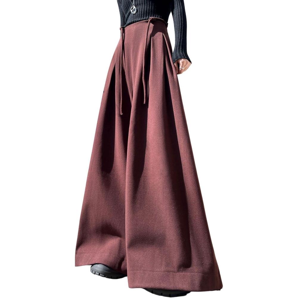 imagechouyatou Womens Winter Wool Wide Leg Palazzo Pants High Waisted Wool Blend Baggy Trousers CulottesDark Red