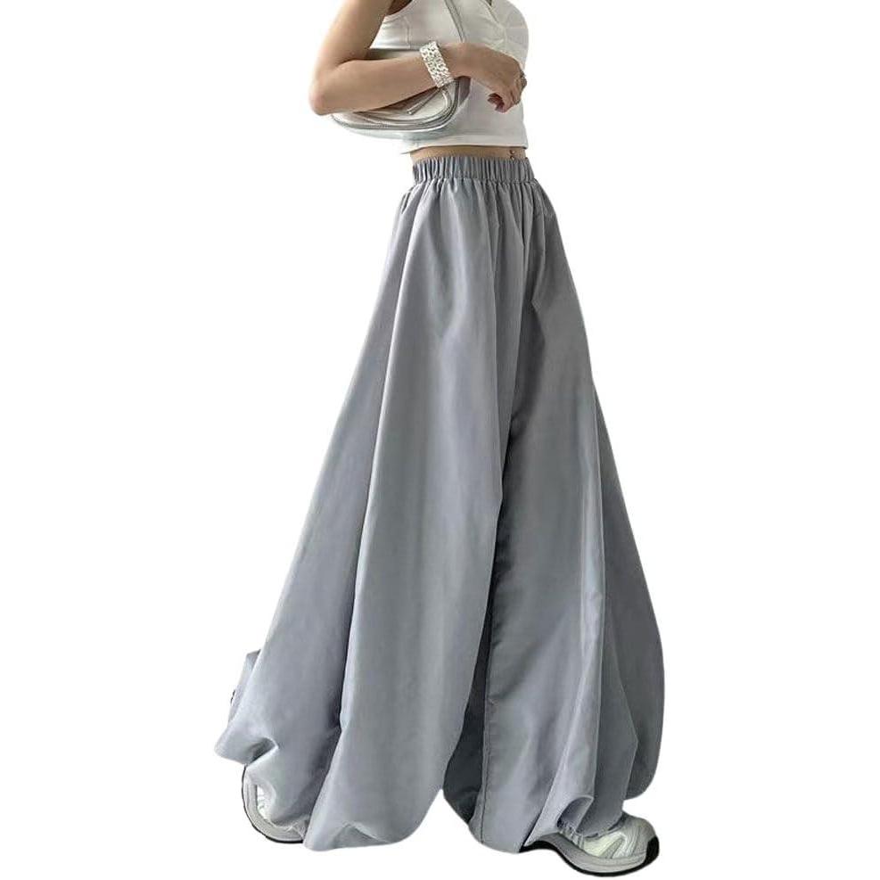 imagechouyatou Womens Y2k Baggy Parachute Pants Wide Leg Bubble Hem Pants Puffy Balloon CulottesGray