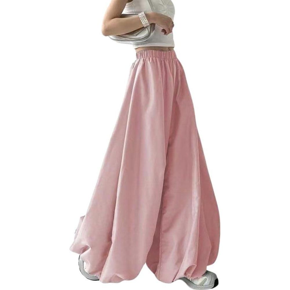 imagechouyatou Womens Y2k Baggy Parachute Pants Wide Leg Bubble Hem Pants Puffy Balloon CulottesPink