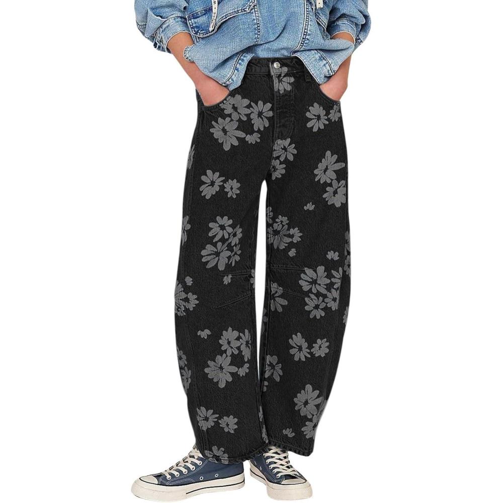 imagechouyatou Womens Y2k Baggy Wide Leg Denim Pants Boho Floral Printed Boyfriend Barrel Jeans with PocketsFlower Black
