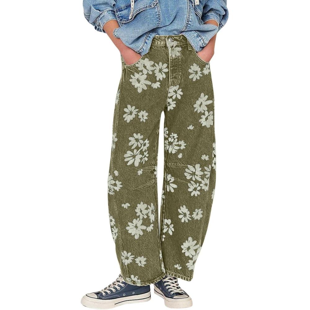 imagechouyatou Womens Y2k Baggy Wide Leg Denim Pants Boho Floral Printed Boyfriend Barrel Jeans with PocketsGreen