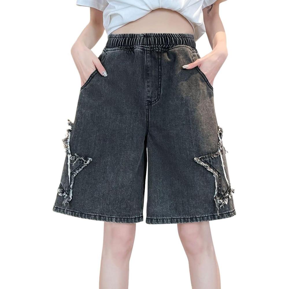 imagechouyatou Womens Y2k Star Patchwork Denim Shorts High Elastic Waist Wide Leg Bermuda Jean Shorts with PocketsBlack