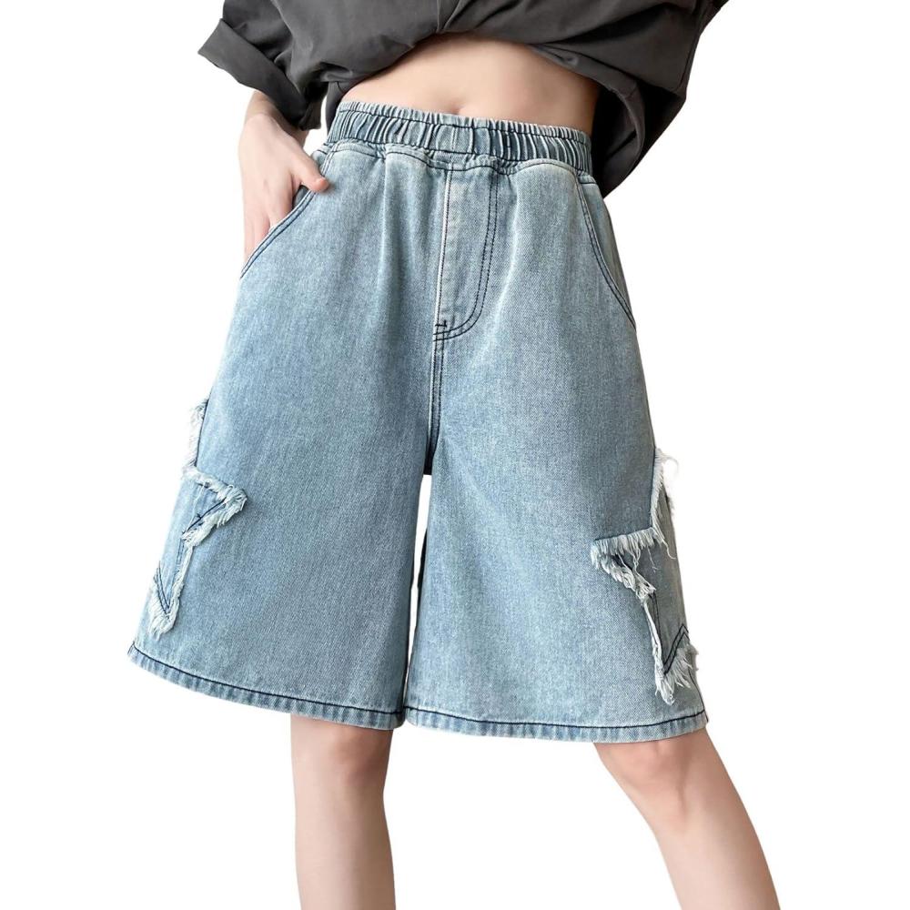 imagechouyatou Womens Y2k Star Patchwork Denim Shorts High Elastic Waist Wide Leg Bermuda Jean Shorts with PocketsBlue