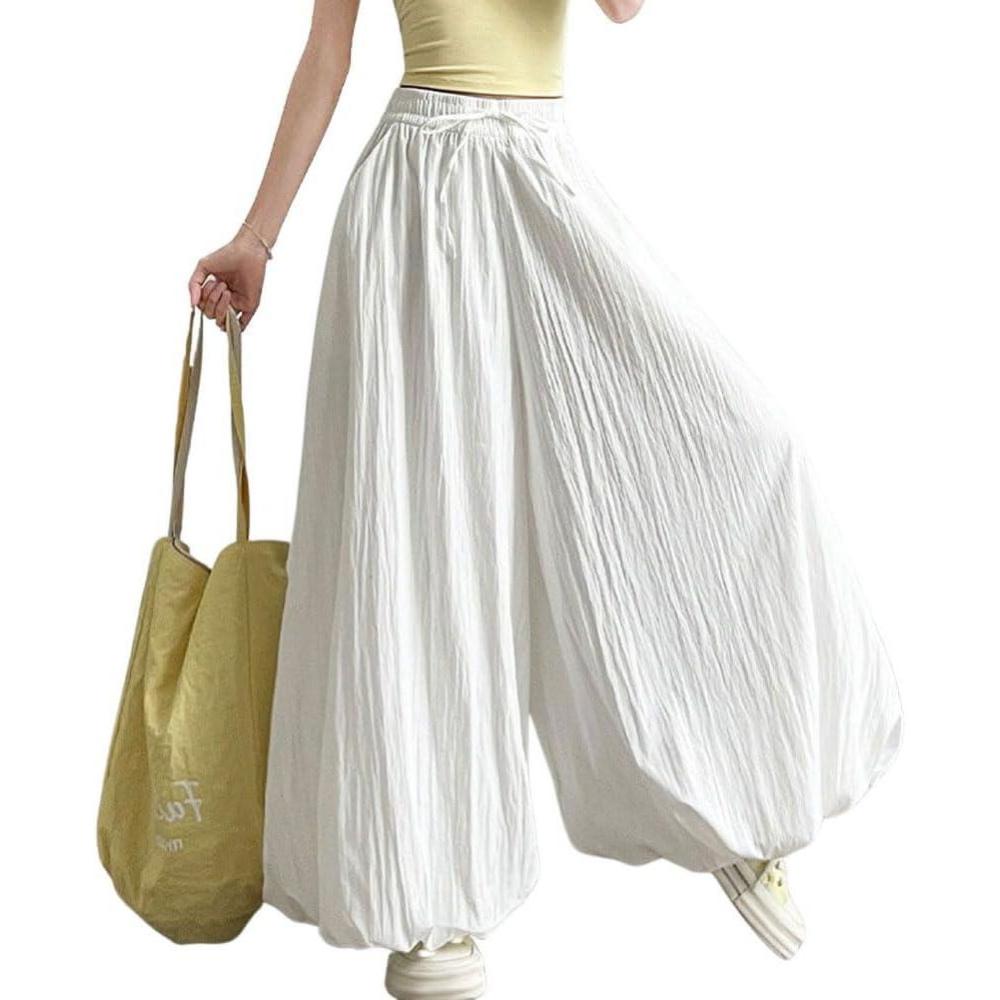 imagechouyatou Womens Y2k Wide Leg Bubble Pants Puffy Balloon Culottes Drawstring Baggy Palazzo Pants with PocketsWhite