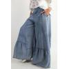 imagechouyatou Women 2025 Fashion Ruffle Wide Leg Jeans Baggy Elastic Waist Palazzo Jean Trousers Denim PantsLight Blue
