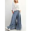 imagechouyatou Women 2025 Fashion Ruffle Wide Leg Jeans Baggy Elastic Waist Palazzo Jean Trousers Denim PantsLight Blue