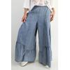 imagechouyatou Women 2025 Fashion Ruffle Wide Leg Jeans Baggy Elastic Waist Palazzo Jean Trousers Denim PantsLight Blue