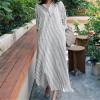 imagechouyatou Women Casual Long Sleeve V Neck Striped Shift Dress Loose Long Maxi Cotton Shirt Dress with PocketBlack