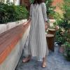 imagechouyatou Women Casual Long Sleeve V Neck Striped Shift Dress Loose Long Maxi Cotton Shirt Dress with PocketBlack
