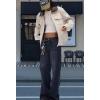 imagechouyatou Women Fall Western Faux Leather Suede Bomber Jacket Casual Motorcycle Jacket Zip Up Barn JacketOffwhite