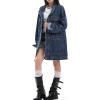 imagechouyatou Women Fall Western Utility Jean Jacket Oversized Distressed Y2K Long Denim Jacket Trench CoatDark Blue