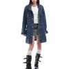 imagechouyatou Women Fall Western Utility Jean Jacket Oversized Distressed Y2K Long Denim Jacket Trench CoatDark Blue